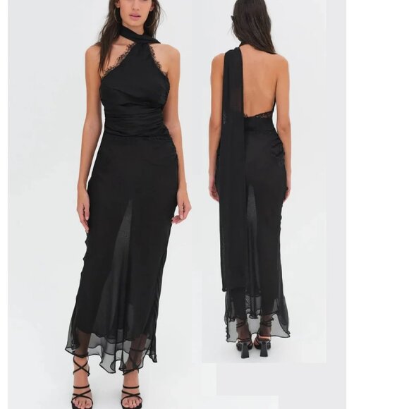 NWT FOR LOVE AND LEMONS ANGELA BLACK SILK CHIFFON MAXI DRESS SIZE S - Picture 1 of 10